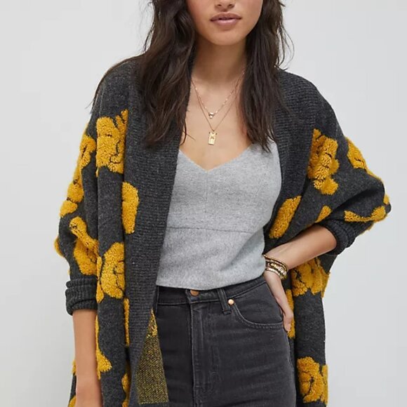 Anthropologie Pilcro Rosetta Gray and Yellow Floral Cardigan Oversized O/S - Picture 1 of 7